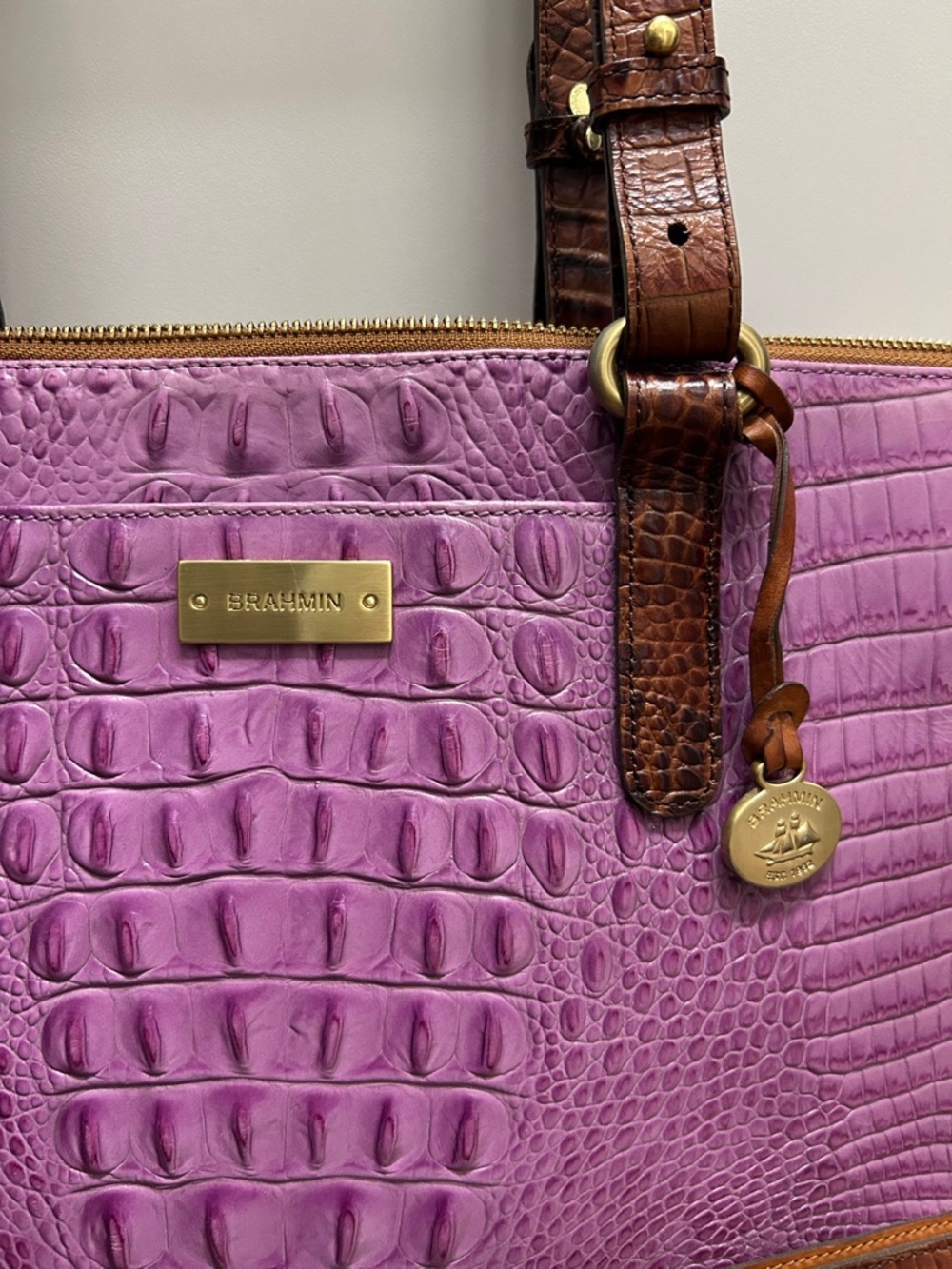 Brahmin Orchid Tri-Color Anywhere Tote Womens Croc-Embossed Shoulder Bag Purse - Picture 4 of 9